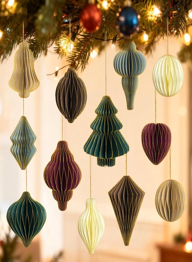 CUPLOOV 12Pcs Paper Honeycomb Christmas Tree Decorations, 3D Mini Glitter Edge Paper Honeycomb Lantern Ornaments for Vintage Neutral Christmas Party Home Decor Mixed - Image 1